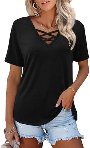 Womens Tops Short Sleeve V Neck Shirts Loose Casual Blouses Summer Tees Criss Cross