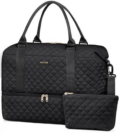 HOTOR Travel Duffel Bag - Weekender Bags for Women, Carry On Overnight Bag with Shoe Compartment, with Toiletry Bag for Travel Essentials and Travel Accessories, Black, 13.4"×17.3"×7.9"