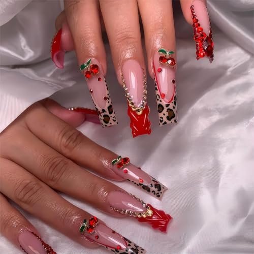 Red French Tip Press on Nails Long Square Fake Nails Glossy Glue on Nails with with Bow Charm Rhinestone Bling Acrylic False Nails Brown Cheeatah Artificial Nails Stick on Nails for Women