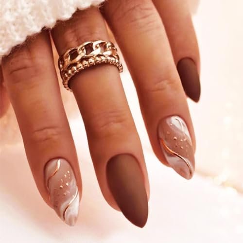 Coquette Brown Almond Press Nails with Curve Line Design, Matte Marble False Nails Gel Glue, Autumn Winter Solid Color Manicure Art Stick on Nails