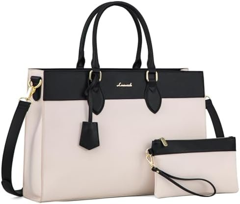 LOVEVOOK Laptop Bag for Women, 15.6 inch Laptop Tote Work Bag Purse, Large Waterproof Leather Computer Briefcase for Office, Beige-Black