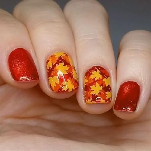 Fall Maple Leaves Press on Nails Short Thanksgiving False Nails Artificial Nails Reusable Autumn Square Acrylic Nails Red Full Cover Glossy Coffin Nails Glue on Nails for Women Festival Nails 24Pcs