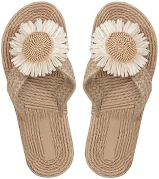 OYOANGLE Women's Floral Decor Open Toe Linen Flip Flops Slipper Summer Vacation Slip on Slide Sandal