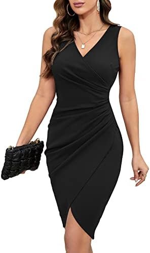 IHOT 2025 Women's Sexy V Neck Sleeveless Faux Wrap Ruched Sheath Bodycon Cocktail Party Work Dress
