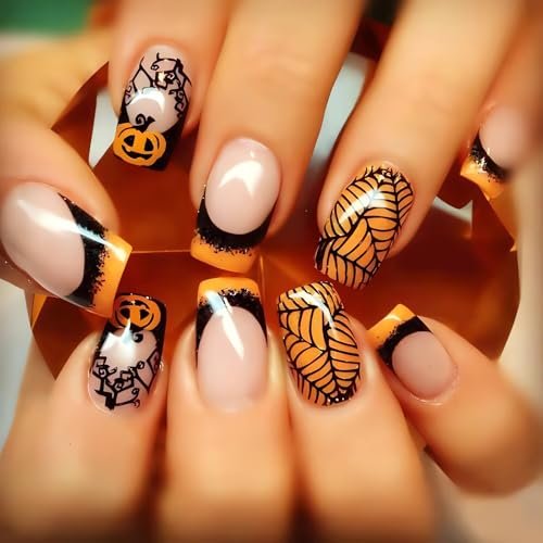 Halloween Medium Fake Nails Square Press on Nails Black Spider Web Glue on Nails Halloween Pumpkin Nails Press ons Orange French Halloween Press on Nails for Women DIY Manicure Decorations
