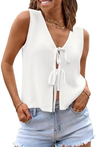 LILLUSORY Womens Crochet Tops Ladies Summer Vacation Outfits Beach Fashion Tank Y2K 2025 Cute Clothes Tie Front Sweater Vest
