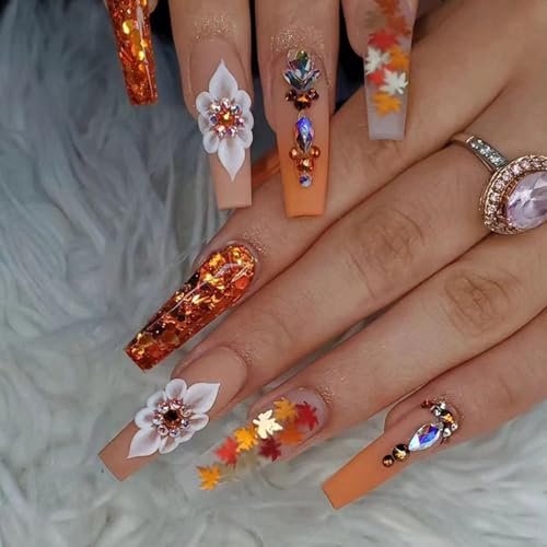 Coffin Press on Nails Long Fake Nails with Maple Leaves & Diamond Charms Designs Orange Glitter Acrylic Nails Fall False Nails Daily Wear Natural Artificial Stick on Nails for Women 24Pcs