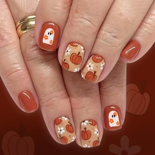 Halloween Press on Nails Short Square Fall Fake Nails with Orange Pumpkin Cute Ghost Flowers Glossy Design, Artificial False Nails Press Ons Glue on Nails For Women