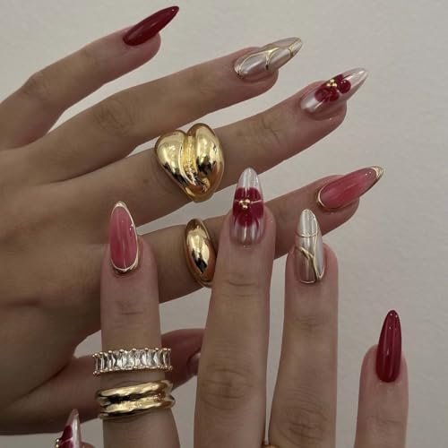 Burgundy and Gold Press on Nails Almond Fake Nails Fall False Nail Press ons with Red Flower,Gold Metallic Design Reusable Artificial Nail Glossy Full Cover Stick on Nails for Women Manicure 24 Pcs