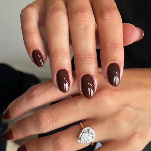 KQueenest Fall Nails, Brown Press on Nails Short Oval, Quick Acrylic Nails Press ons, Natural Round Fake Nails, Short Almond Nails Glue on, One Color Stick on Nails Set For Finger Manicure