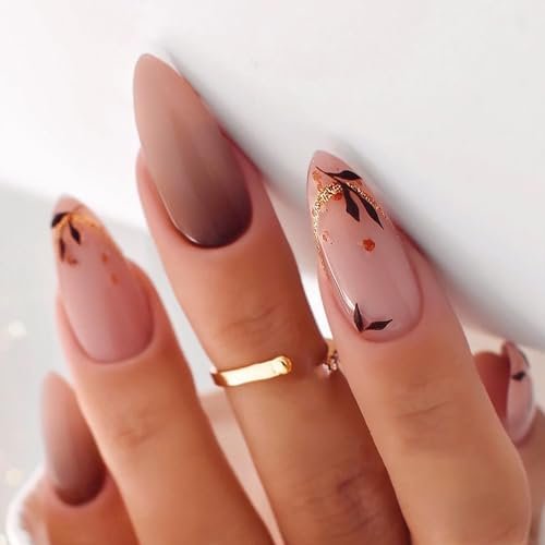 Fall Press on Nails Medium Long 24Pcs Almond Fake Nails Full Cover Maple Leaf Gold Foil Designs Nail Art Supplies Autumn False Nails Stick on Nails for Women Girls Acrylic Manicure Decorations