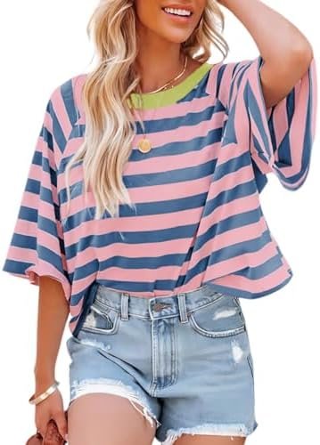 Dokotoo Tops for Women Striped 2025 Fashion T Shirts for Women Color Block Crewneck Design Loose Basic Tee