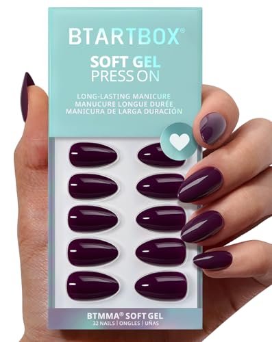 BTArtbox Press On Nails Short - Poison Potion, Dark Purple Almond Press On Nails with Glue for Women, Fall Opaque Soft Gel Glue On Nails in 16 Sizes - 32 Stick On Nails Kit