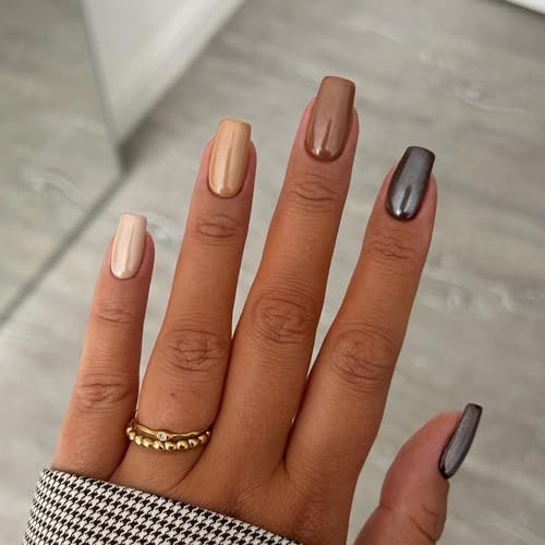 MERVF Medium Press on Nails Square Fall Fake Nails Brown Solid Color Glue ons with Chrome Design Acrylic Nail 24pcs Glossy