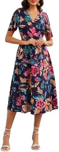 Women Casual Short Sleeve Empire Waist Summer Floral Mid Side Slit Navy Blue with Pink Flowers Dresses