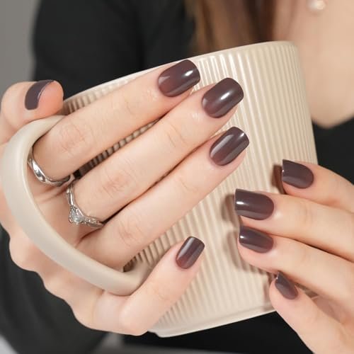 Square Coffee Brown Press on Nails Short, Jofay Fashion Winter Fall Solid Color False Nails with Glue, Comfortable & Natural Acrylic Fake Nails, Glue on Nails for Women Girls Gift