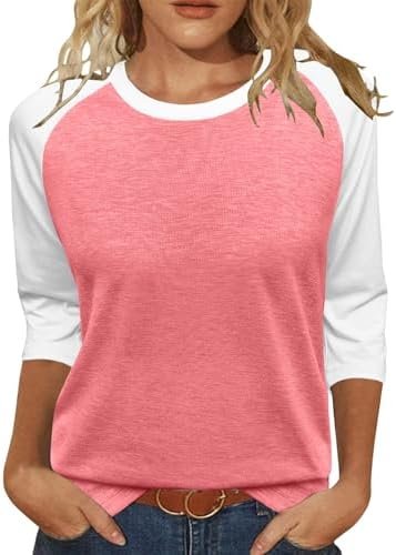 Heymiss Womens Tops 3/4 Sleeve Shirts Round Neck Loose Casual Tshirts Color Block Summer Tees