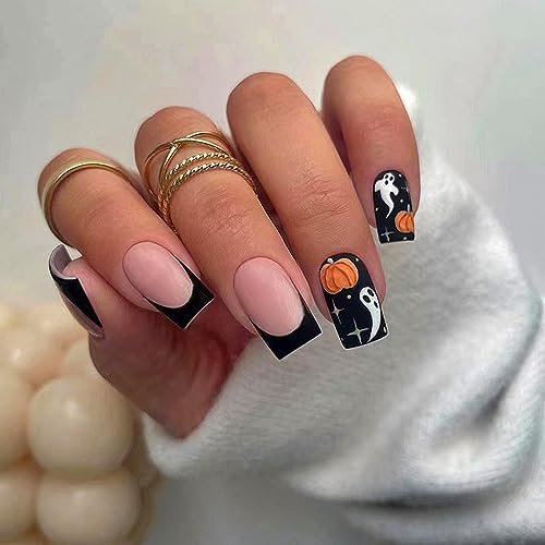 Halloween Press on Nails Square Black French Tip Fake Nails Medium Full Cover False Nails with Cute Ghost Designs Fall Holiday Acrylic Nails Reusable Matte Artificial Nails for Women Girls
