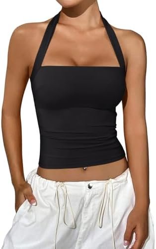REORIA Women's Halter Going Out Tops 2025 Summer Y2K Shirts Sleeveless Sexy Crop Tank Top Y2k Outfits