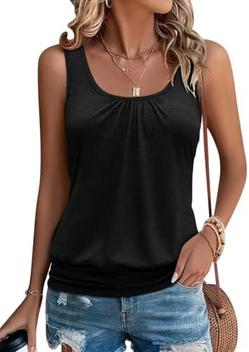 Womens Banded Bottom Scoop Neck Tank Tops Pleated Loose Fit Sleeveless Tops Summer Outfits