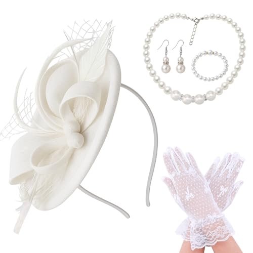 Fascinators Hats for Women Tea Party Headband Feather Hat with Lace Gloves Pearl Jewelry for Cocktail Wedding Bridal Showers