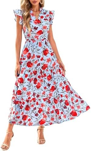 PRETTYGARDEN Women's 2025 Summer Floral Midi Dress Cap Sleeve V Neck Ruffle Long Flowy Boho Casual Beach Vacation Dresses