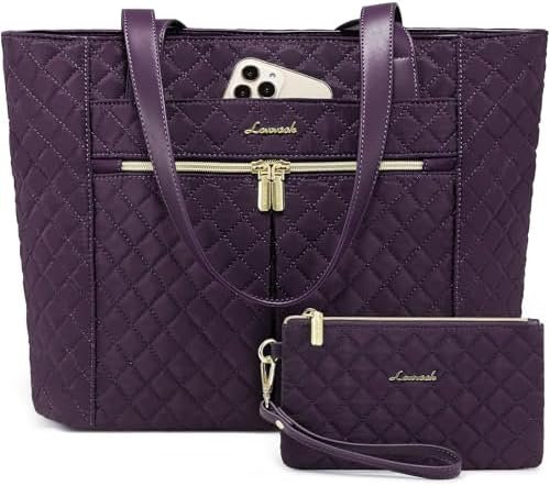 LOVEVOOK Laptop Bag for Women, Stylish Diamond Quilted Work Tote with Clutch Purse, 15.6-inch Purple Tote