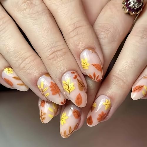 24 Pcs Fall Press on Nails Short Almond Fake Nails with Autumn Leaves Design Glue on Nails Glossy False Nails Reusable Full Cover Stick on Nails for Women Girls Thanksgiving Manicure