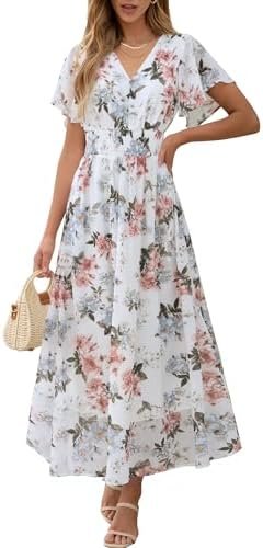 ANRABESS Womens Summer Floral Maxi Dress Casual V Neck Short Sleeve Chiffon Boho Flowy Beach 2025 Wedding Guest Long Dresses