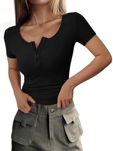 PRETTYGARDEN Women's 2025 Fall Summer Short Sleeve Tops Ribbed Henley Button Slim Fit Basic Casual T Shirts Blouse Clothing