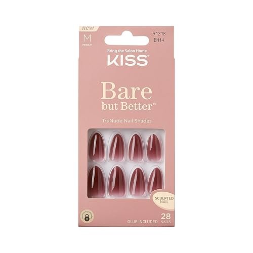 KISS Bare but Better Press On Nails Almond, 'Chemistry', Red, Medium Length, Nail Kit Includes 28 Sculpted Fake Nails, Pink Gel Nail Glue 2g (0.07 oz.), Manicure Stick, Mini Nail File
