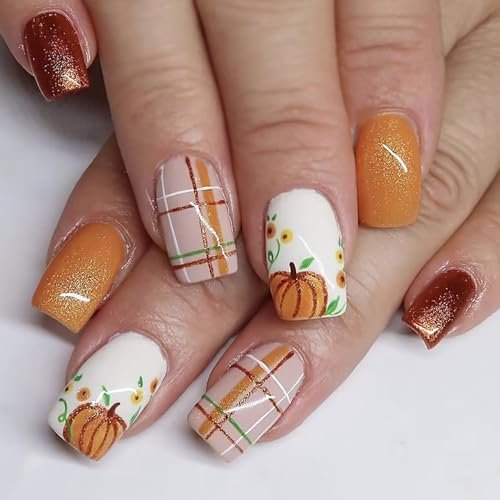 24 Pcs Fall Press on Nails Short Square Fake Nails Orange Glitter Full Cover Glue on Nails Glossy Artificial Thanksgiving Nails Pumpkin Grid Pattern False Nails Autumn Stick on Nails for Women DIY