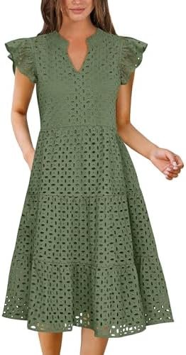 ANRABESS Womens 2025 Summer Midi Dress Hollow Out Eyelet Ruffle Sleeve V Neck Casual Flowy Tiered Beach Vacation Sundress