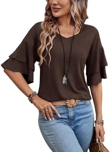 Womens Top Ruffle Sleeve Blouses V Neck T Shirts Casual Outfit Bell Sleeve Tee Spring Fall Summer Fashion Clothes Cute Tunic