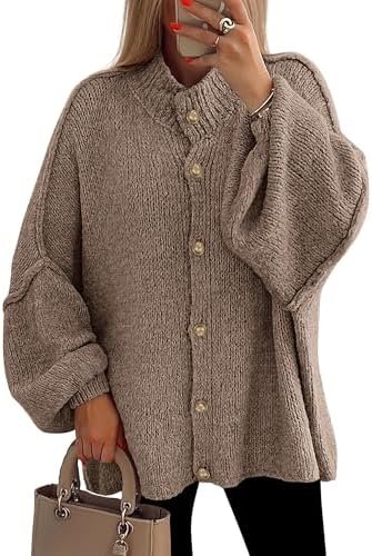 PRETTYGARDEN Women's Winter Button Down Cardigan Sweaters Mock Neck Lantern Long Sleeve Chunky Knit Jacket Trendy Outerwear
