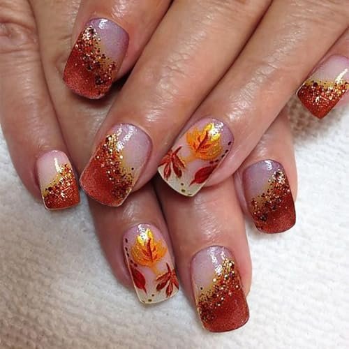 Maple Leaf Press on Nails Short Square Fake Nails Glitter French Tip Stick on Nails Fall Maple Leaves Acrylic Nails Full Cover Autumn Thanksgiving False Nails for Women Girls Nail Decoration 24Pcs