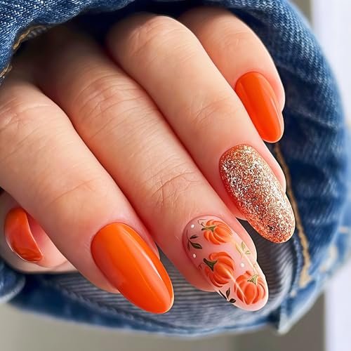 24 Pcs Fall Pumpkin Press on Nails Medium Almond Fake Nails Gold Glitter Cute Pumpkin Autumn Glue on Nails Thanksgiving Pumpkin Stick on Nails Orange Sparkly Artificial Nails Acrylic Nails for Women