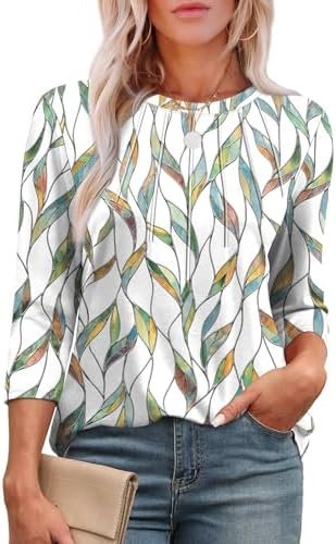 XIEERDUO 3/4 Length Sleeve Womens Tops Round Neck Casual Tunic Tops Basic Pleated Shirts Loose Fit 2025