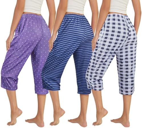 VENTELAN 3 Pack Womens Ultra-Soft Capri Pajama Pants Adjustable Waistband Sleepwear(Available in Plus Size) S-XXXL