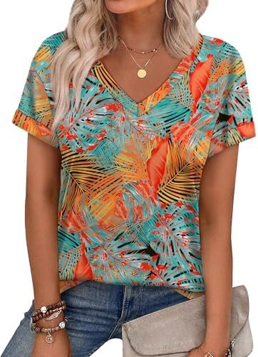 WEESO Womens T Shirts Short Sleeve Summer Tops Cute V Neck Casual Blouses