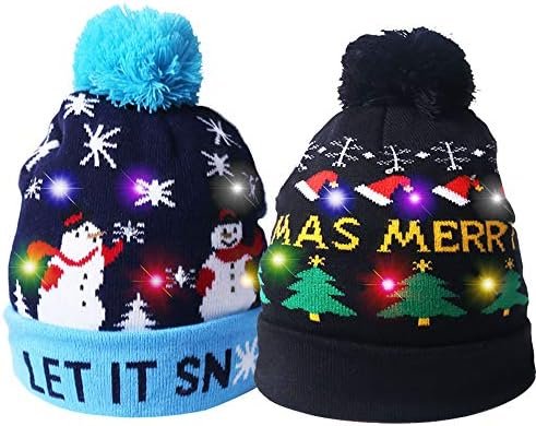 2 Pack LED Light Up Hat Beanie Knit Cap, Unisex Winter Snow Hat Sweater Ugly Holiday Party Beanie Cap,with 6 Colorful Lights LED