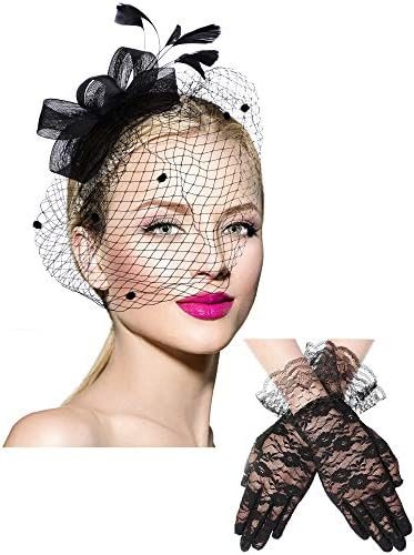 Boao Fascinator Hat for Women Feather Funeral Veil Hat Tea Party Derby Headband and Short Floral Lace Gloves