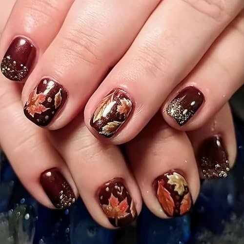 Thanksgiving Fall Press on Nails Short Square Fake Nails Maple Leaf Gold Glitter Polka Dots Acrylic Nails Press ons Cute Autumn Leaves Design False Nails Glue on Nails for Women Acrylic Nails Decor