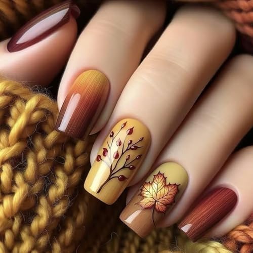 Fall Press on Nails Medium Square Fake Nails Maple Leaves Tree Designs Glue on Nails Yellow Full Cover Nails Press ons Brown Gradient False Nails Glossy Artificial Stick on Nails for Women 24 Pcs