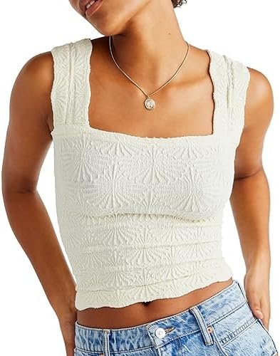 Women's Square Neck Wide Strap Crop Tank Tops Flower Going Out Tops Slim Fit Lettuce Trim Crop Cami Tops