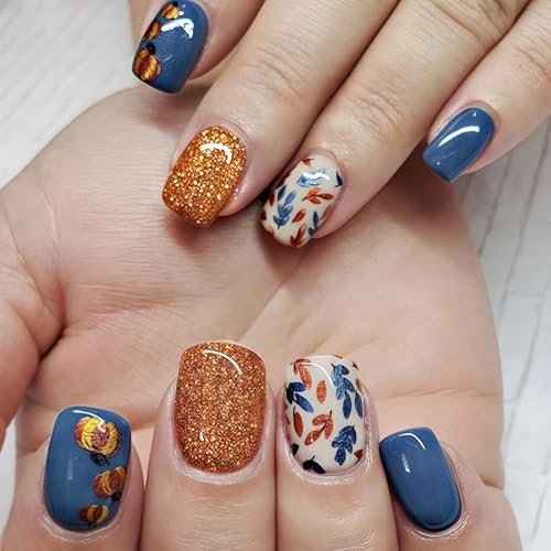 24Pcs Thanksgiving Fall Press on Nails Short Square Fake Nails Autumn Leaves Orange Glitter Acrylic Nails Press ons Reusable Fall Pumpkins Glue on Nail Leaf False Nails for Women Nail Decoration