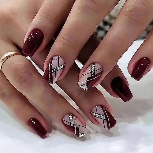 MERVF Square Press-On Nails - Medium French Tip Squoval Glitter Fall Acrylic for Women - 24pcs Glossy Brown