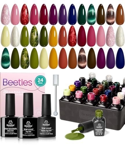 Beetles Cat Eye Gel Nail Polish Set - 20 Colors Fall Gel Polish Nail Set Burgundy Brown Green Nail Polish Glitter Pearl Nail Manicure with Base Coat Matte&No Wipe Top Coat Soak off Gifts