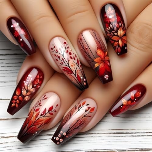 Medium Press on Nails Coffin Fake Nails with Maple Leaf Designs Dark Red Brown Nails Fall Acrylic False Nails Glossy Stick on Nails Full Cover Artificial Glue on Nails for Women 24Pcs