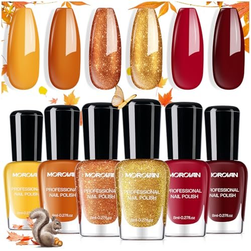 Morovan Fall Nail Polish Set: 6 Gold Maple Leaf Nail Polish Kit 2025 Glitter Autumn Fingernail Pumpkin Yellow Burnt Orange Art Quick Dry Nail Regular Mini Bulk Manicurist Women Girls Gift